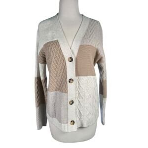 Casual J.Jill Patchwork Knit Cardigan Womens S Neutral Colorblock Button Front